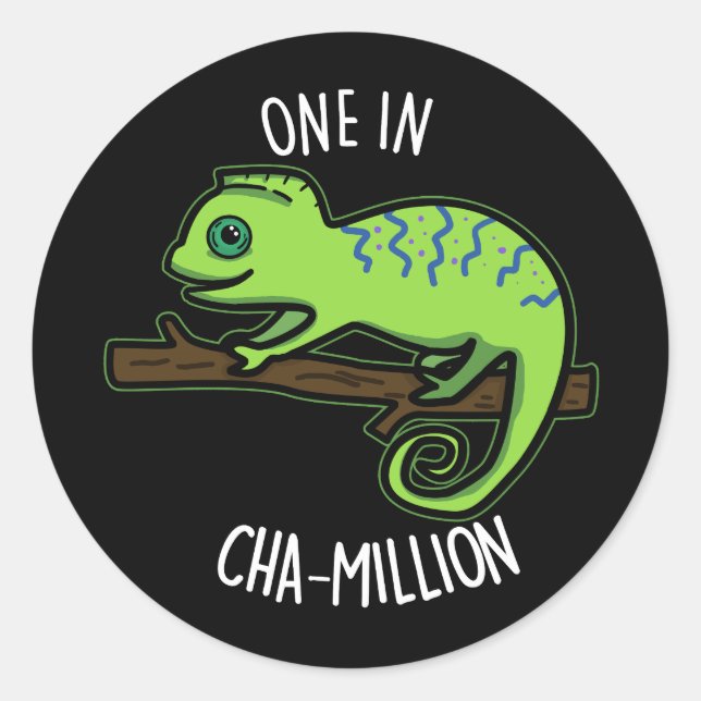 Pegatina Redonda Uno en Cha-Million Gracioso Chameleon Pun Dark BG (Anverso)