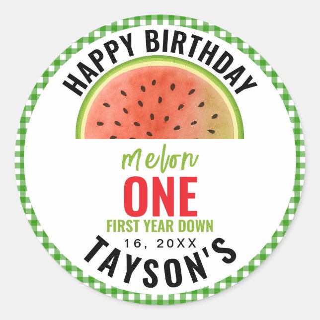 Pegatina Redonda Uno en un melón brillo sandía 1er cumpleaños (Anverso)