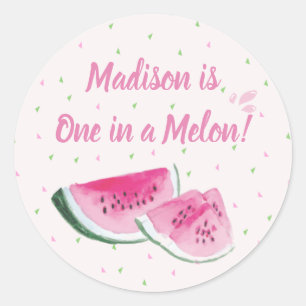Pegatina Redonda Uno En Un Melón De Melón Cute Primer Cumpleaños