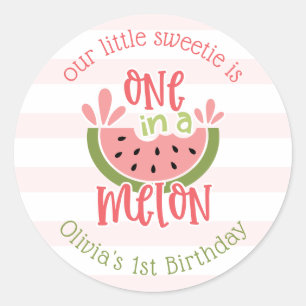 Pegatina Redonda Uno En Un Melón De Melón Primer Cumpleaños