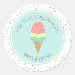 Pegatina Redonda Uno es dulce helado primer cumpleaños