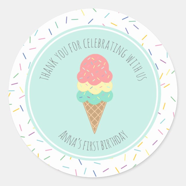 Pegatina Redonda Uno es dulce helado primer cumpleaños (Anverso)
