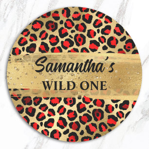 Pegatina Redonda Uno Salvaje Leopardo de Hoja de Oro y Rojo