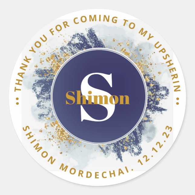 Pegatina Redonda Upsherin Gracias Purpurina de acuarela NAV inicial (Anverso)