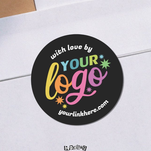 Pegatina Redonda URL de logotipo moderno Arcoiris blanco negro con  (Custom Logo Text Sticker Set Black White Rainbow Classic Round Stickers)