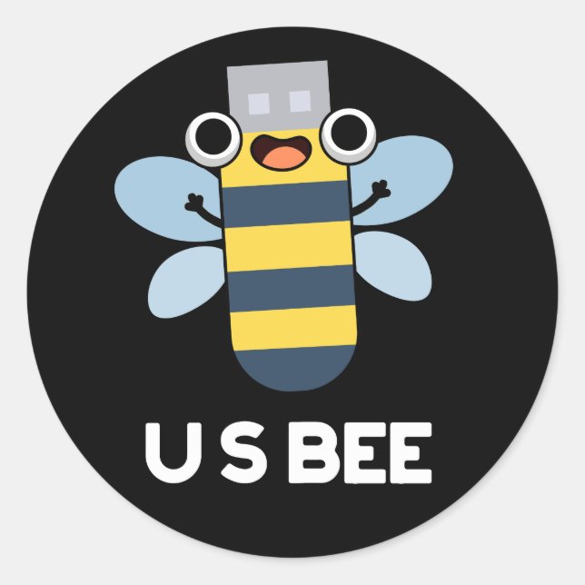 Pegatina Redonda US Bee Funny USB Pun Técnico Oscuro BG (Anverso)