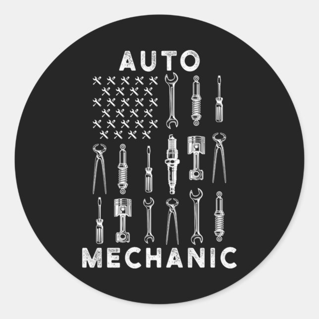 Pegatina Redonda US Flag Wrench Workshop Screwdriver Mechanic Gift (Anverso)