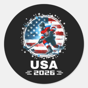 Pegatina Redonda Usa 2026 Hockey Bandera Americana Mujeres Hombres 