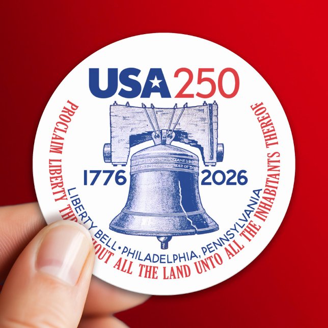 Pegatina Redonda USA 250 - 1776-2026 - Liberty Bell Red White Blue (USA 250 - America's 250th Celebration 1776-2026)