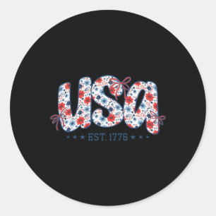 Pegatina Redonda Usa Est 1776 Coqueta Lazo 4 De Julio Usa Floral G
