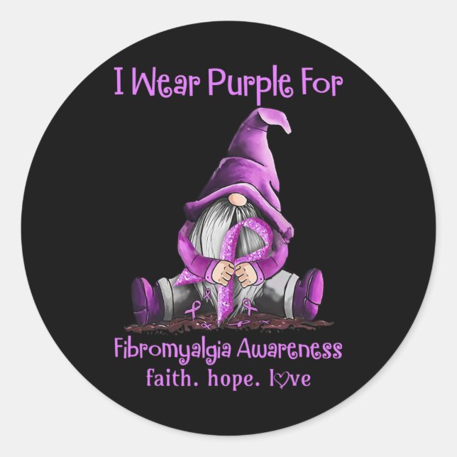 Pegatina Redonda Usar Gnomes Púrpura Cinta Fibromialgia Conciencia (Anverso)