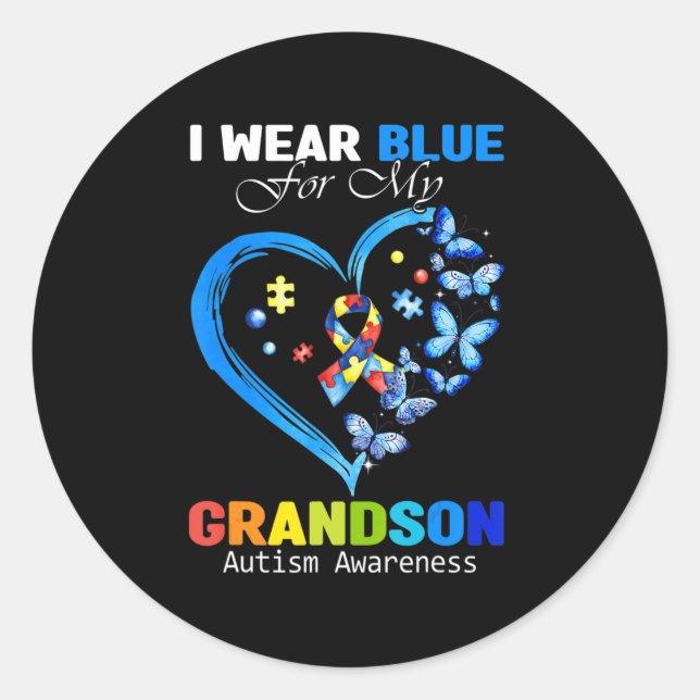 Pegatina Redonda Usé Azul Para Mi Nieto Autismo Corazón De Concienc (Anverso)
