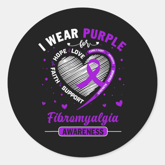 Pegatina Redonda Uso Púrpura Para Fibromialgia Cinta De Conciencia  (Anverso)