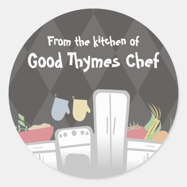 Pegatina Redonda utensilios de cocina blancos hierbas de verduras e (Anverso)