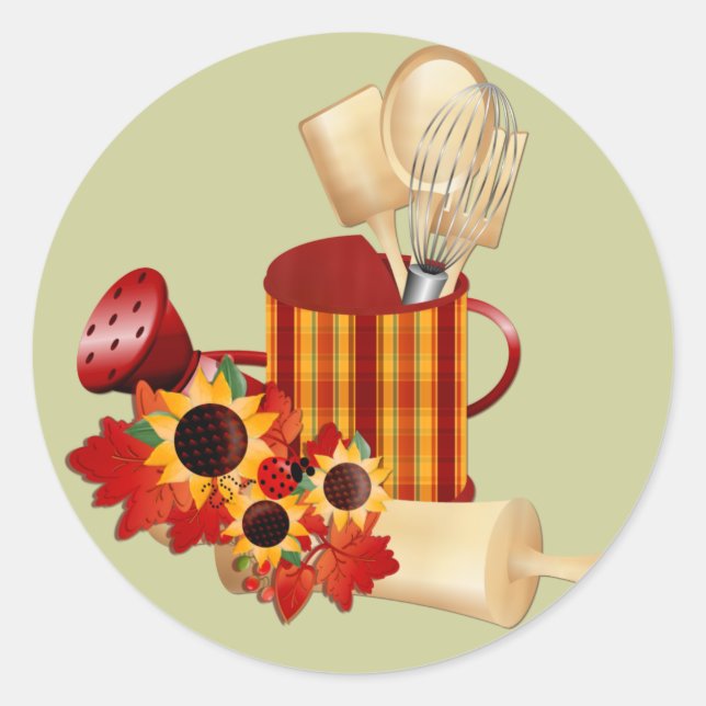 Pegatina Redonda Utensilios de cocina de otoño (Anverso)