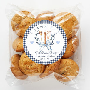 Pegatina Redonda Utensilios de cuadros azules cocina panadería Grac