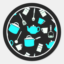 Pegatina Redonda Utensilios temáticos de cocina y patrón de cocina
