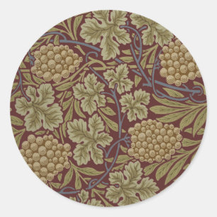 Pegatina Redonda Uva de Vid de William Morris Rojo Verde Arte