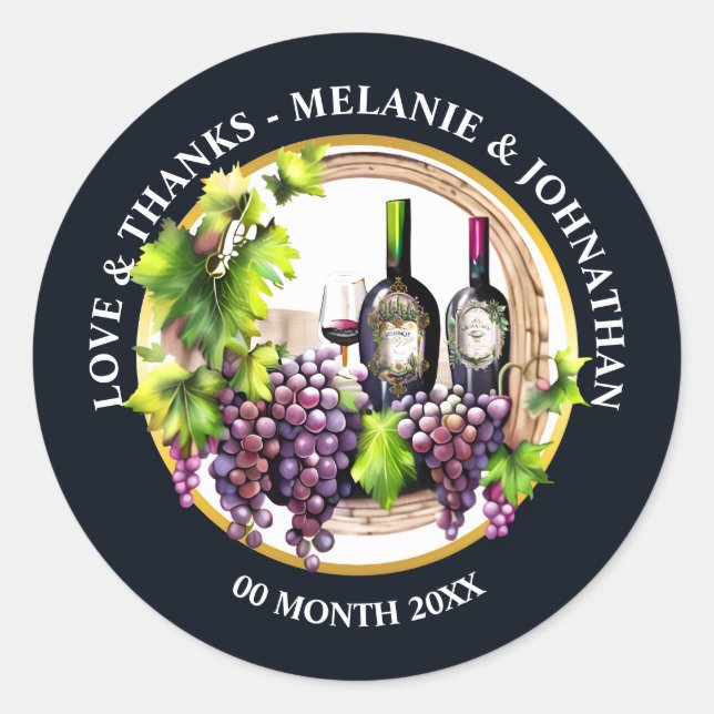 Pegatina Redonda Uvas de vino acuarela botellas copa redonda bodega (Anverso)