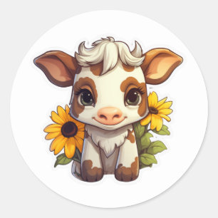 Pegatina Redonda Vaca adorable con girasoles