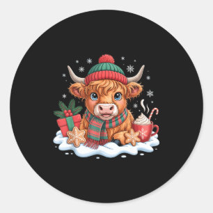 Pegatina Redonda Vaca Alta Escocesa de Navidad Ternera Lindo Sombre