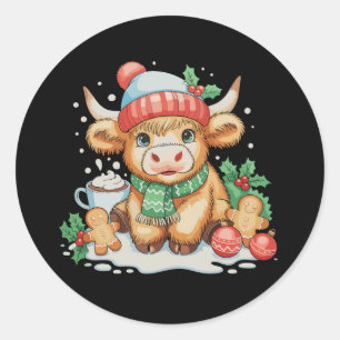 Pegatina Redonda Vaca Alta Escocesa De Navidad Ternera Monada Sombr