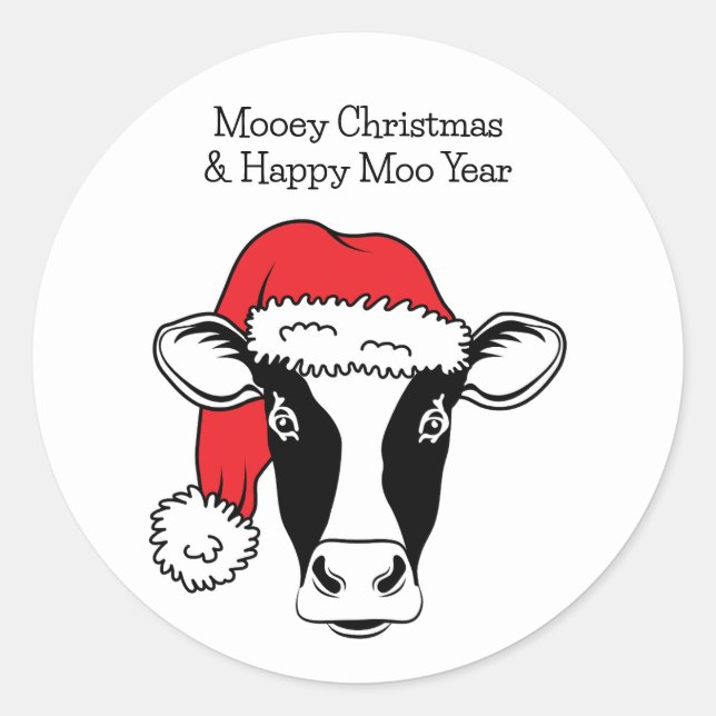 Pegatina Redonda Vaca blanca y negra en santa Navidades graciosos (Anverso)