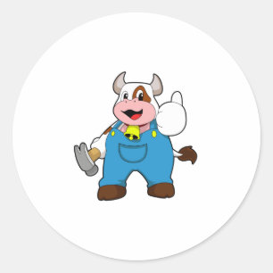 Pegatina Redonda Vaca como artesano con martillo