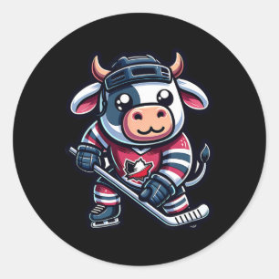 Pegatina Redonda Vaca de hockey sobre hielo con jersey de hoja de a