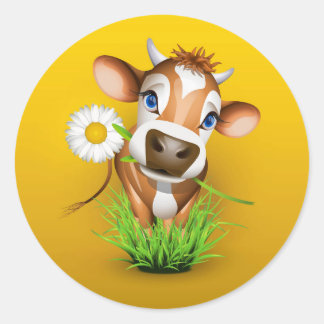 Pegatina Redonda Vaca de Jersey en la hierba sobre amarillo