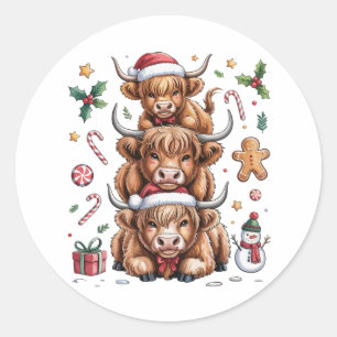 Pegatina Redonda Vaca de las Tierras Altas Lindo Navidad Navidades