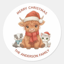 Pegatina Redonda Vaca de las Tierras Altas Navidad Personalizada No