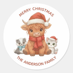 Pegatina Redonda Vaca de las Tierras Altas Navidad Personalizada No