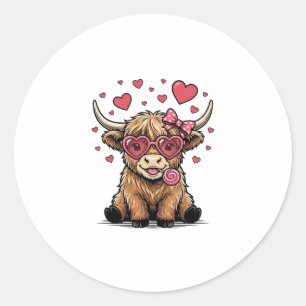 Pegatina Redonda Vaca de las Tierras Altas Valentín Corazón Gafas V