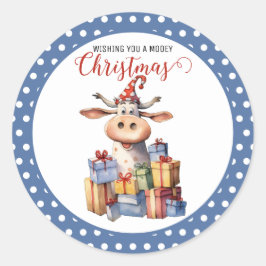 Pegatina Redonda Vaca de Navidad con juego de palabras