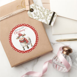 Pegatina Redonda Vaca de Navidad con juego de palabras