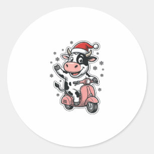 Pegatina Redonda Vaca de Navidad montando scooter rosa vintage vect