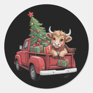 Pegatina Redonda Vaca de Navidad Vaca Highland en la granja de cami