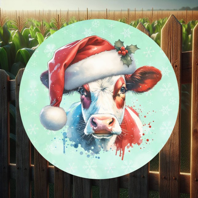 Pegatina Redonda Vaca de Navidades cortos en Santa Hat (Subido por el creador)