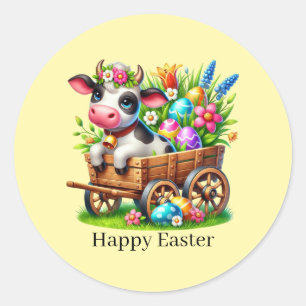Pegatina Redonda Vaca de Pascua feliz linda