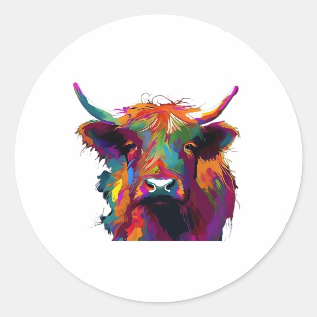 Pegatina Redonda vaca de tierras altas, vaca, vaca de tierras altas (Anverso)
