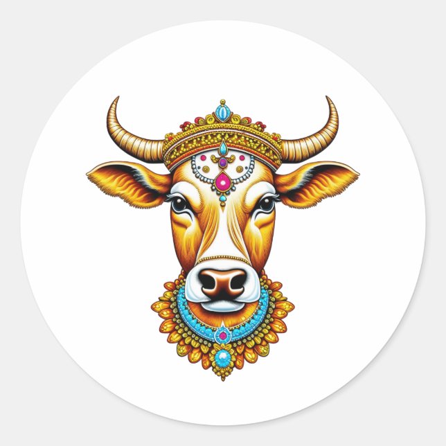 Pegatina Redonda Vaca decorada en pongal (Anverso)