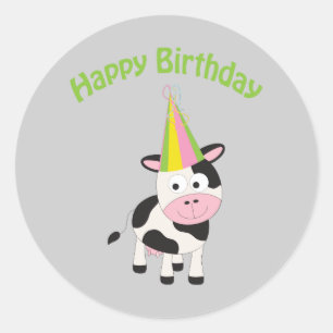 Pegatina Redonda Vaca del feliz cumpleaños
