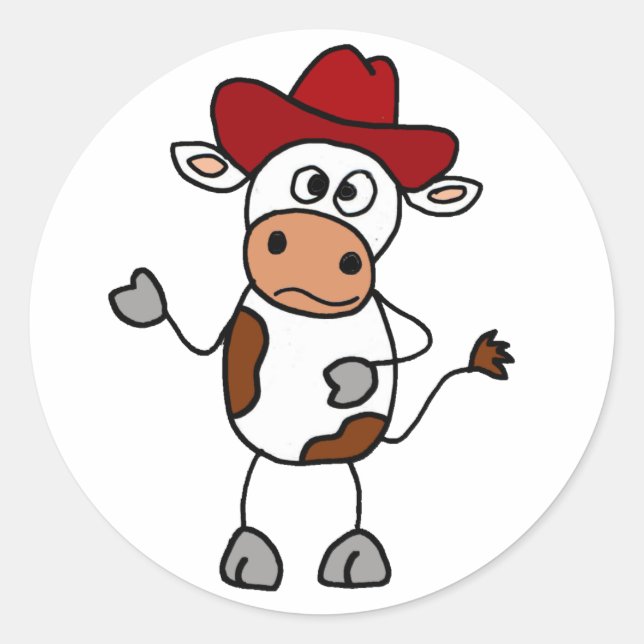 Pegatina Redonda Vaca divertida con Gorra de Vaquero Rojo (Anverso)