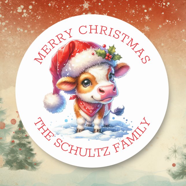 Pegatina Redonda Vaca dulce en Navidades personalizados de Santa Ha (Subido por el creador)