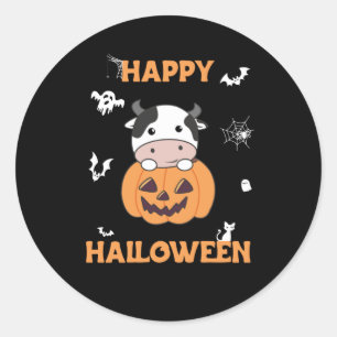 Pegatina Redonda Vaca En Calabaza Vacas Cuestas Felices Halloween