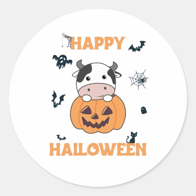 Pegatina Redonda Vaca En Calabaza Vacas Cuestas Felices Halloween (Anverso)