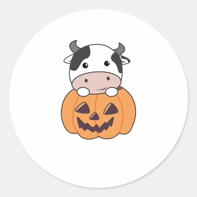 Pegatina Redonda Vaca En Calabaza Vacas Cuestas Felices Halloween (Anverso)
