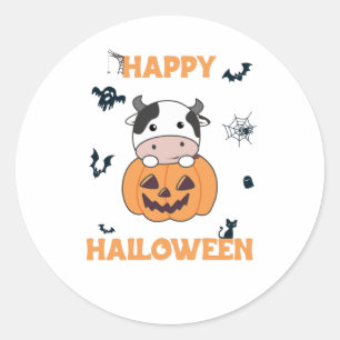 Pegatina Redonda Vaca En Calabaza Vacas Cuestas Felices Halloween