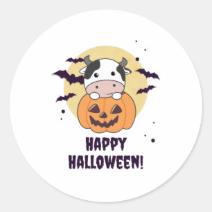 Pegatina Redonda Vaca En Calabaza Vacas Cuestas Felices Halloween